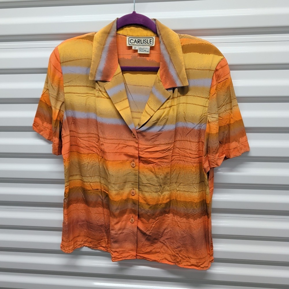 Carlisle Size 12 Women Orange Ombre Striped 100% Silk Short Sleeve Blouse VTG